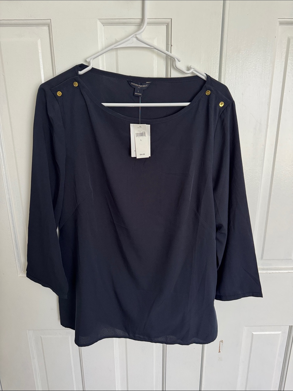 Banana Republic Navy Boatneck Blouse with Gold Shoulder Buttons